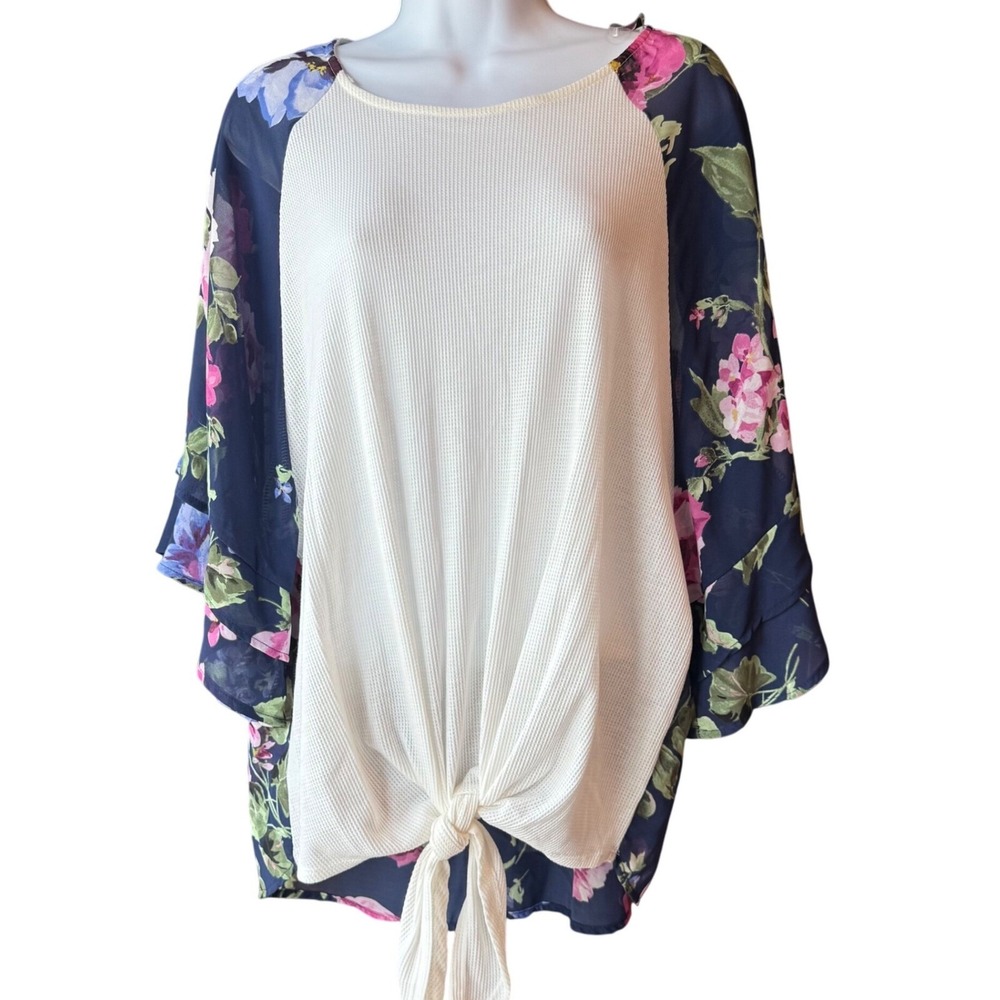 CY Fashion Floral Colorblock Tie Top Blouse Kimono Sleeve Top Size Small New